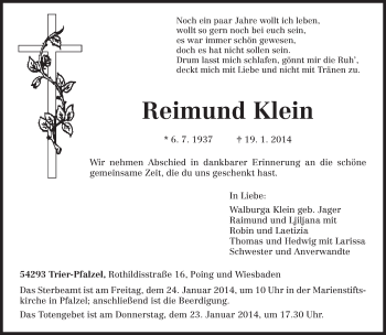 Todesanzeige von Reimund Klein von trierischer_volksfreund