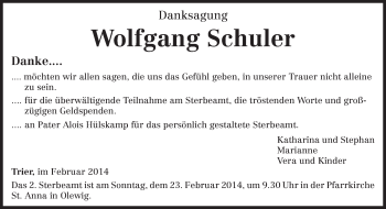 Todesanzeige von Wolfgang Schuler von trierischer_volksfreund