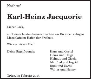 Todesanzeige von Karl-Heinz Jacquorie von trierischer_volksfreund