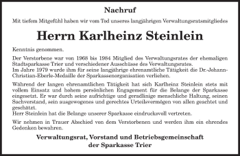 Todesanzeige von Karlheinz Steinlein von trierischer_volksfreund