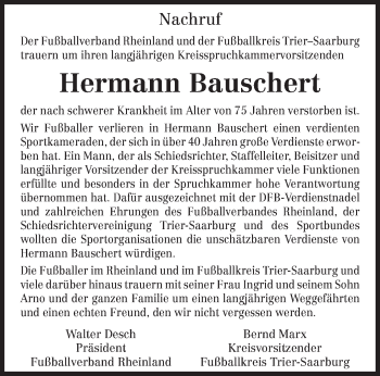 Todesanzeige von Hermann Bauschert von trierischer_volksfreund