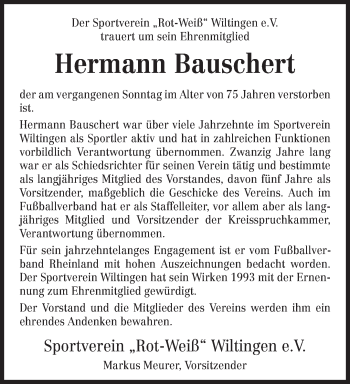 Todesanzeige von Hermann Bauschert von trierischer_volksfreund