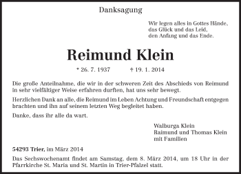 Todesanzeige von Reimund Klein von trierischer_volksfreund