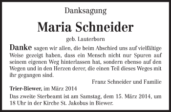 Todesanzeige von Maria Schneider von trierischer_volksfreund