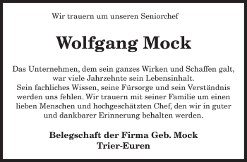 Todesanzeige von Wolfgang Mock von trierischer_volksfreund