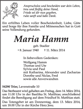 Todesanzeige von Maria Hamm von trierischer_volksfreund