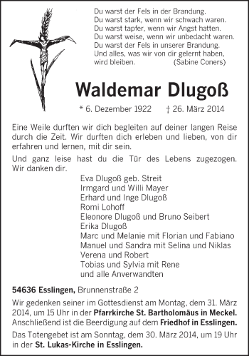 Todesanzeige von Waldemar Dlugoß von trierischer_volksfreund