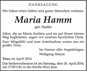 Todesanzeige von Maria Hamm von trierischer_volksfreund