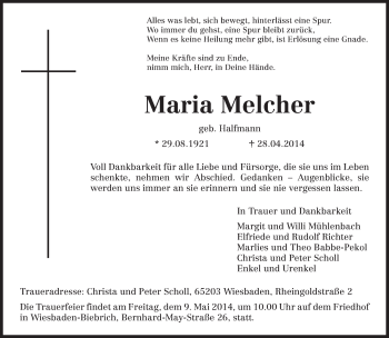 Todesanzeige von Maria Melcher von trierischer_volksfreund