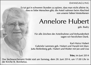 Todesanzeige von Annelore Hubert von trierischer_volksfreund