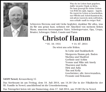 Todesanzeige von Christof Hamm von trierischer_volksfreund