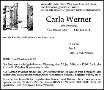 Todesanzeige von Carla Werner von trierischer_volksfreund