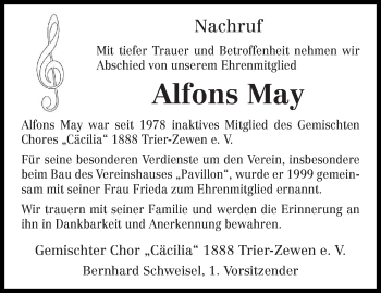 Todesanzeige von Alfons May von trierischer_volksfreund