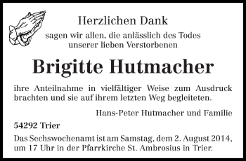 Todesanzeige von Brigitte Hutmacher von trierischer_volksfreund