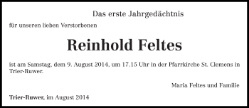 Todesanzeige von Reinhold Feltes von trierischer_volksfreund