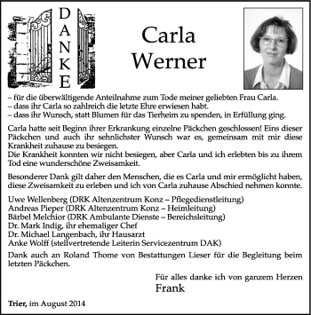 Todesanzeige von Carla Werner von trierischer_volksfreund