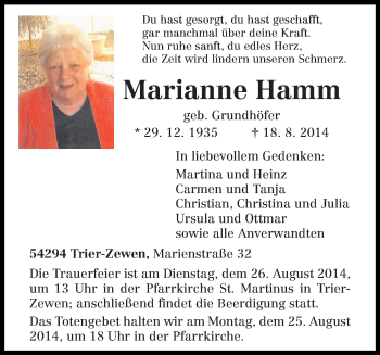 Todesanzeige von Marianne Hamm von trierischer_volksfreund