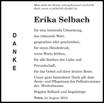 Todesanzeige von Erika Selbach von trierischer_volksfreund