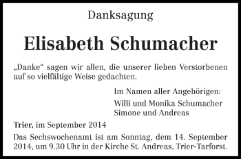 Todesanzeige von Elisabeth Schumacher von trierischer_volksfreund