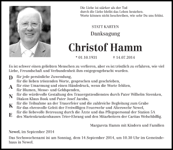 Todesanzeige von Christof Hamm von trierischer_volksfreund