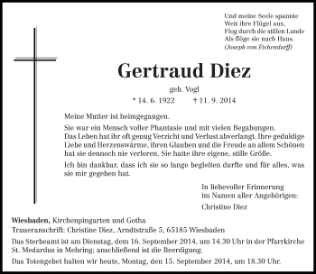 Todesanzeige von Gertraud Diez von trierischer_volksfreund