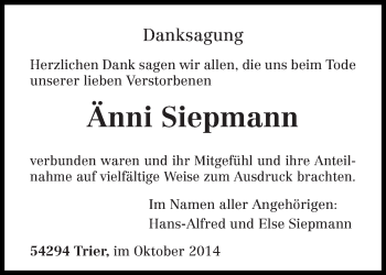 Todesanzeige von Änni Siepmann von trierischer_volksfreund