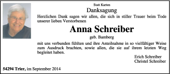 Todesanzeige von Anna Schreiber von trierischer_volksfreund