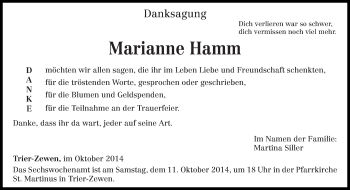 Todesanzeige von Marianne Hamm von trierischer_volksfreund