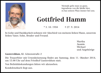 Todesanzeige von Gottfried Hamm von trierischer_volksfreund