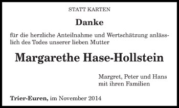 Todesanzeige von Margarethe Hase-Hollstein von trierischer_volksfreund