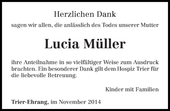 Todesanzeige von Lucia Müller von trierischer_volksfreund