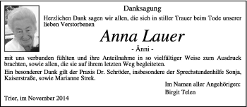 Todesanzeige von Anna Lauer von trierischer_volksfreund