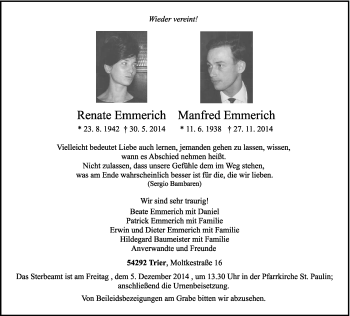 Todesanzeige von Manfred und Renate Emmerich von trierischer_volksfreund