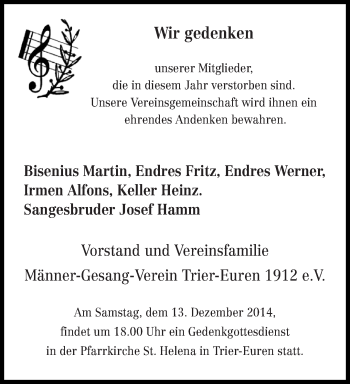 Todesanzeige von Gedenken Männer-Gesang-Verein von trierischer_volksfreund