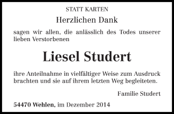 Todesanzeige von Liesel Studert von trierischer_volksfreund