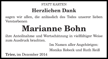 Todesanzeige von Marianne Bohn von trierischer_volksfreund