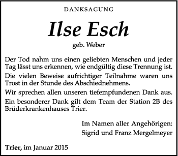 Todesanzeige von Ilse Esch von trierischer_volksfreund