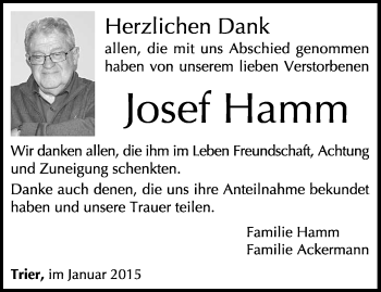 Todesanzeige von Josef Hamm von trierischer_volksfreund