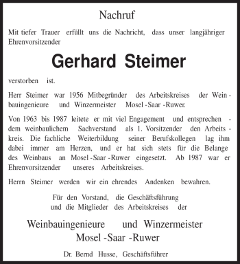 Todesanzeige von Gerhard Steimer von TRIERISCHER VOLKSFREUND