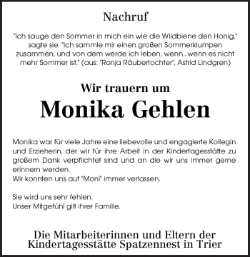 Todesanzeige von Monika Gehlen von TRIERISCHER VOLKSFREUND