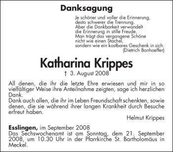 Todesanzeige von Katharina Krippes von TRIERISCHER VOLKSFREUND