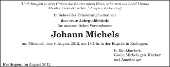 Todesanzeige von Johann Michels von TRIERISCHER VOLKSFREUND