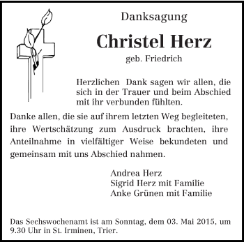 Todesanzeige von Christel Herz von trierischer_volksfreund