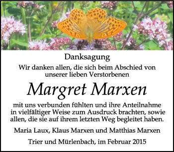 Todesanzeige von Margret Marxen von trierischer_volksfreund