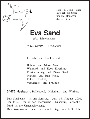 Todesanzeige von Eva Sand von TRIERISCHER VOLKSFREUND