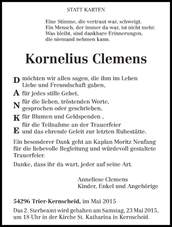 Todesanzeige von Kornelius Clemens von trierischer_volksfreund