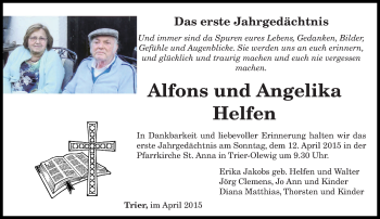 Todesanzeige von Alfons und Angelika Helfen von trierischer_volksfreund