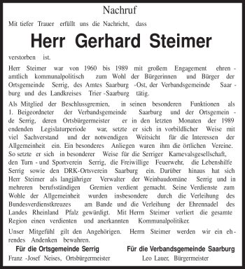 Todesanzeige von Gerhard Steimer von TRIERISCHER VOLKSFREUND