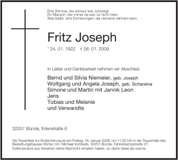 Todesanzeige von Fritz Joseph von TRIERISCHER VOLKSFREUND