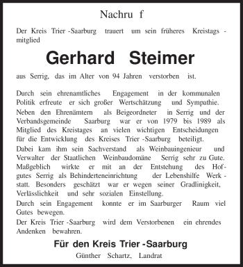 Todesanzeige von Gerhard Steimer von TRIERISCHER VOLKSFREUND